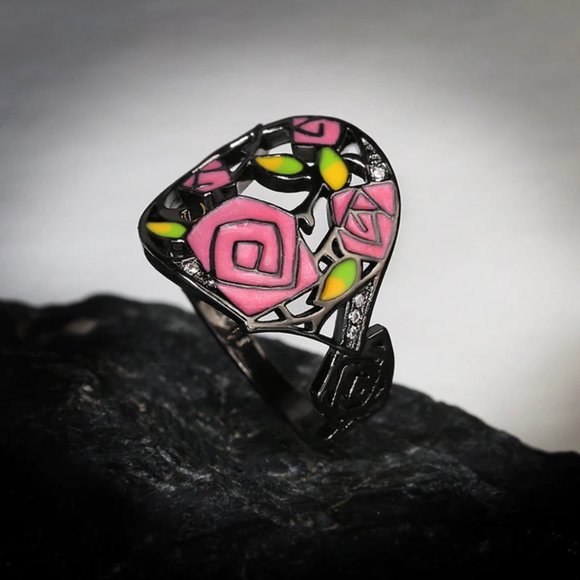 Rose flower ring pink black 925 silver new - Picture 4 of 5